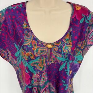 California Miss Vintage Paisley Floral Blouse Purple Magenta Cap Sleeve Medium